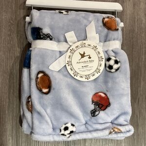 Adirondack Sports Theme Baby Blanket Light Blue Boys Football Lightweight NEW
